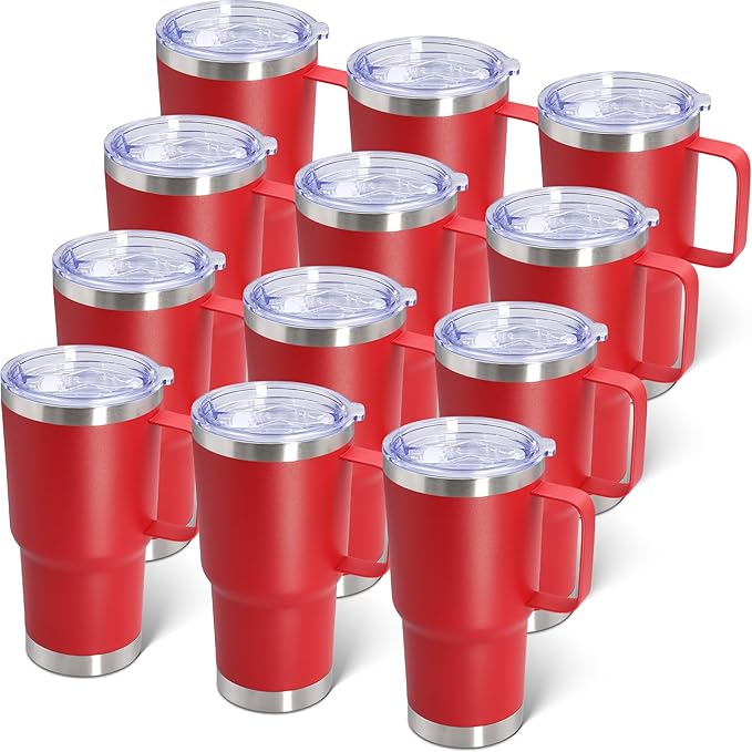 20 oz Tumbler with Handle and Lid, Stainless Steel Tumbler Insulated Travel Coffee Mug, Spill Proof Double Wall Vacuum Tumbler Cup Keep Drink Hot & Cold, Red, 12 Pack
