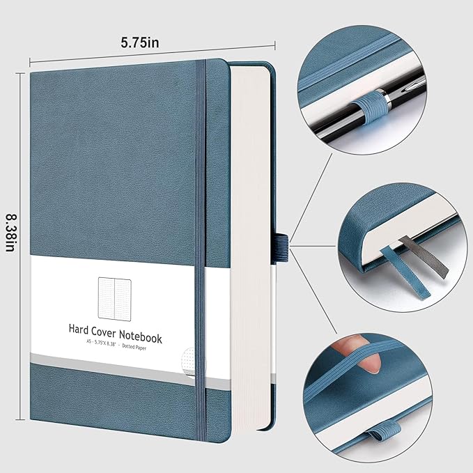 AHGXG Dotted Journal - 320 Numbered Pages Dot Grid Notebook A5 Thick Journal, 100gsm Thick Dotted Paper, Leather Hardcover,Inner Pocket, 5.75'' × 8.38'', Gray Blue
