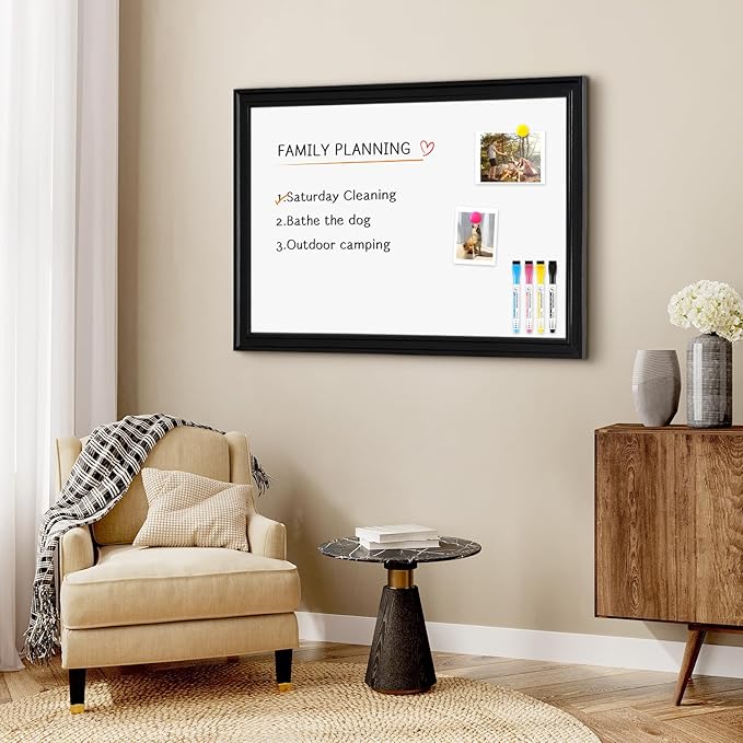 4 THOUGHT Magnetic Whiteboard 36" x 24" Dry Erase Board Wood Frame Wall-Mounted Decorative White Board Monthly Planner Notice Board for Home Office School with 8 Magnets 4 Markers 1 Eraser, Black