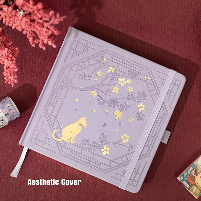 TIEFOSSI Square Dotted Journal, Cute Cat Journal for Women Girls, Dot Notebook with Pretty Sakura Pattern, Aesthetic Diary for Writing Journaling Drawing, Golden Edges, 8 x 8 IN
