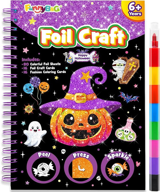 FUNNYB&G Foil Art Craft Kit for Kids 4-10 Years Old: Mess-Free & No-Glue, Create 16 Happy Halloween Pictures – Perfect Travel Toy & Birthday Gift for Kids (Happy Halloween)
