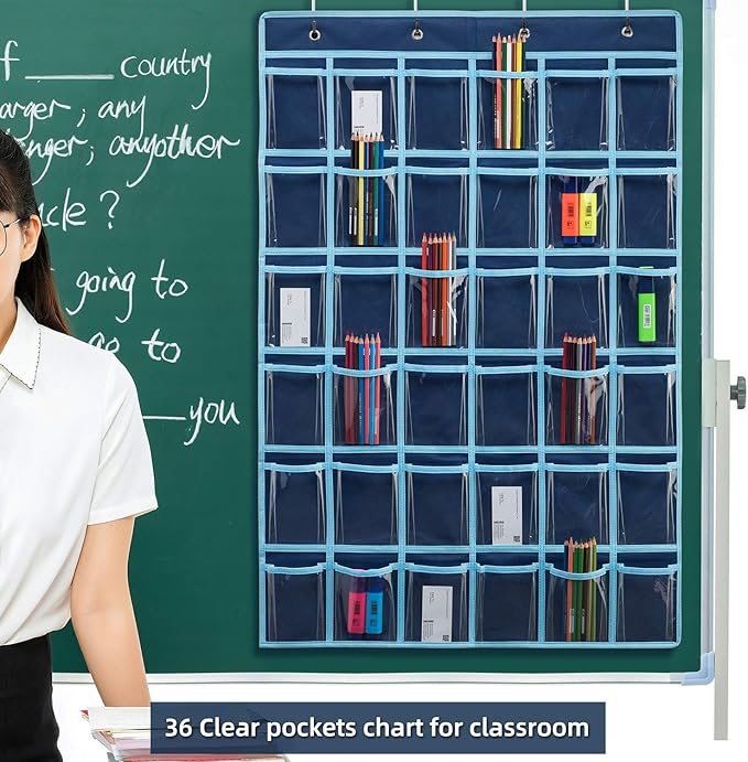 SAVERHO 36 Clear Pockets Classroom Pocket Chart for Cell Phone and Calculator Holder, Door Hanging Pocket Chart for Classroom Phone Holder with Number Sticker and Hooks (Blue)