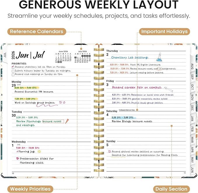 Planner 2026-2027, Academic Year Weekly and Monthly Calender Planner, from Jul 2026 - Jun 2027, Spiral Bound School Planning Book, Perfect for Teacher, Student, Women & Men, A5 (6.3" x 8.5"), Mushrooms Grove