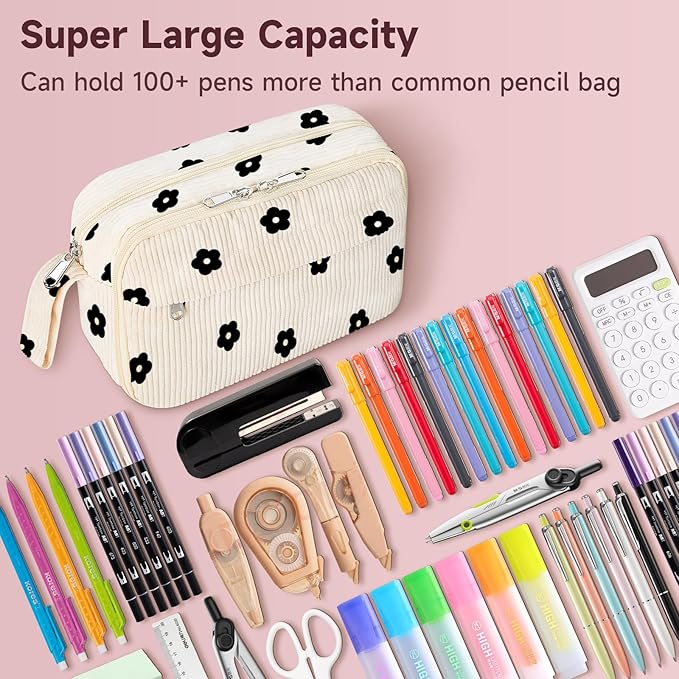 Large Pencil Pouch for Girls,Cute Corduroy Pencil Case Pouch Aesthetic Soft Pencil Bag for School, Zippered Pencil Organizer School Supplies for Girls Women Gift (black floral)
