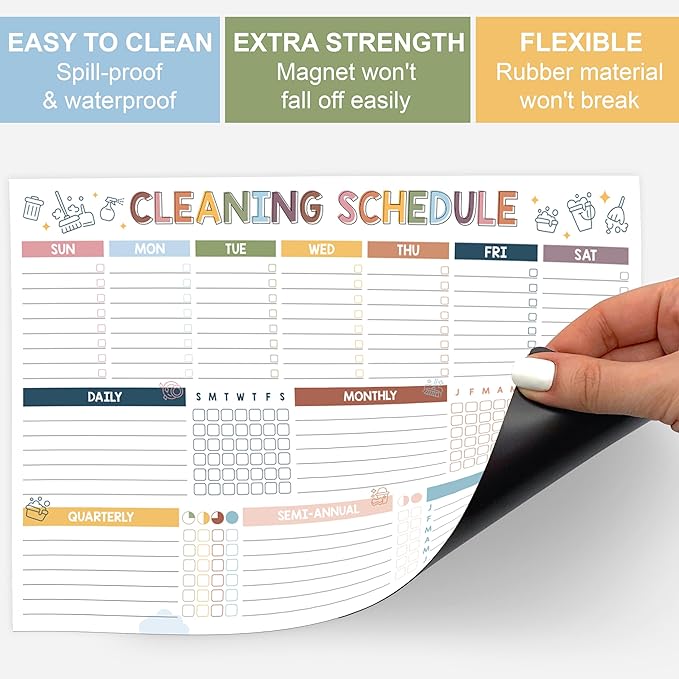 Magnetic Cleaning Schedule and Checklist Dry Erase Board - Reusable Cleaning Schedule for Home, Kitchen & Bathroom | Weekly & Monthly Chore Chart for Adults, Strong Magnet, Easy Erase