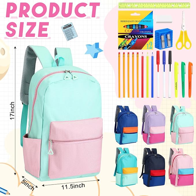17'' Backpacks Bulk with Supplies Stationery Kits, Printed Bookbags and Writing Accessories Kit for Donation(Color Block,6 Pack)