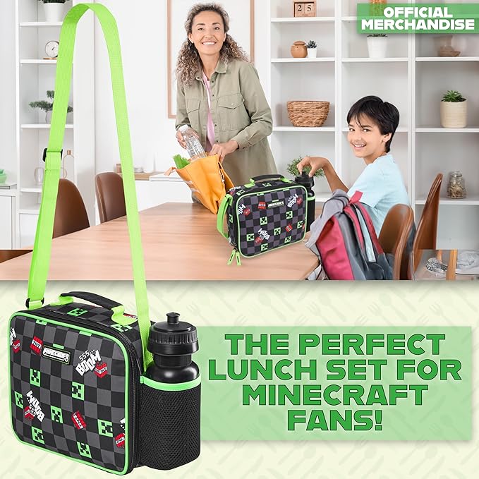 Minecraft Insulated Lunch Bag for Kids Creeper Lunchbox for Boys School Supplies Food Carrier Snacks Picnic Beach Days Travel Gamer Gifts for Kids (Black/Green)