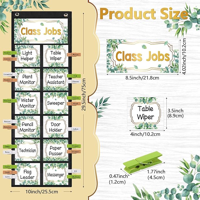 Pasimy Eucalyptus Class Jobs Pocket Chart Class Helpers Pocket Chart Classroom Jobs Cards with Clips and Hooks Teacher Helper Bulletin Board Set for Back to School Classroom Teacher Supplies