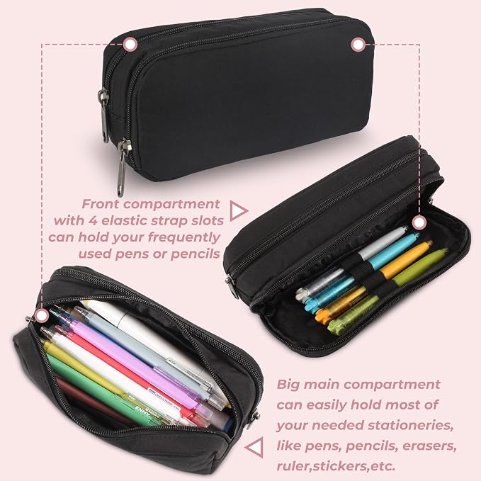 Della Gao Large Pencil Case, Big Capacity Pencil Pouch with 2 Compartments | Office Pencil Bag with Zipper, Big Pen Case for Adults (01-Black)