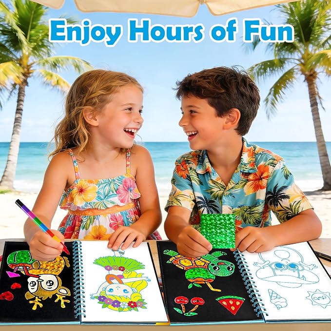 FUNNYB&G Foil Art Craft Kit for Kids 4-10 Years Old: Mess-Free & No-Glue, Create 16 Sparkly Happy Summer Pictures – Perfect Travel Toy & Birthday Gift for Kids(Summer
