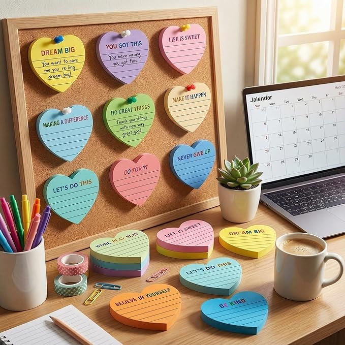 Teling 24 Pack Valentine's Day Sticky Notes Heart Lined Sticky Notes Inspiration Cute Self Adhesive Love Memo Pads for Galentines Party Exchange Gifts Home Office School 3x3 Inch