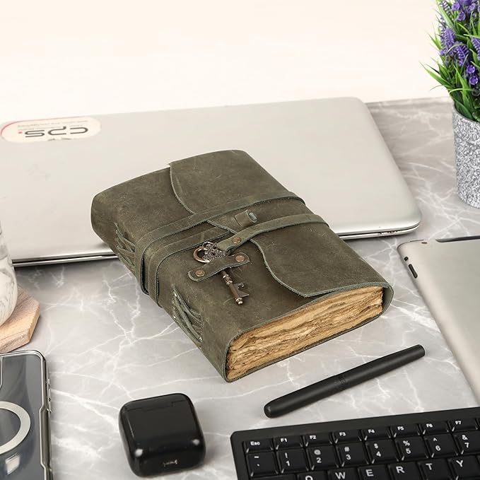 Leather Journal with Deckle Edge Paper 8x6 inch and Vintage Key | Handmade Writing Notebook Diary | Bound Daily Notepad for Men & Women Medium, Sketch/Writing pad for Artists