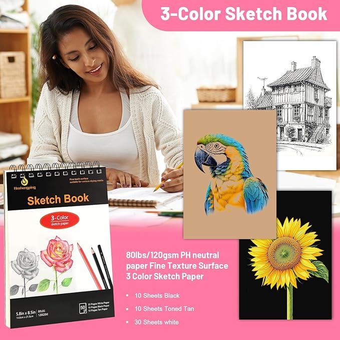 Heshengping, 41pcs Sketching Pencil Set Drawing Sketch Kit Graphite Charcoal Watercolor Pencils Blending Stumps 50page sketchbook, coloring book, Beginners Artist Teens and Adults