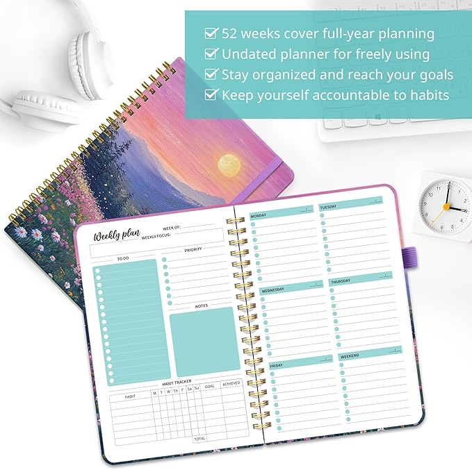 Undated Weekly Planner, Weekly To Do List Notebook with Goal & Habit Tracker Organizer, A5 Weekly Planner Notebook with Spiral Binding, 6.1" x 8.2" - Twilight Bloom