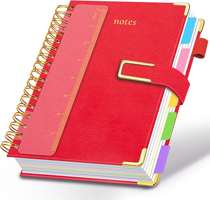 Hardcover Spiral Notebook College Ruled, 6.2"x 8.2" Leather Journal Notebook with Magnetic Closure, 300 Pages 5 Subject Notebook with Dividers Tabs Journal for Women Men, Work, School(Red)