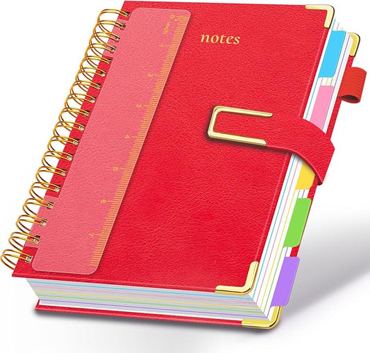 Hardcover Spiral Notebook College Ruled, 6.2"x 8.2" Leather Journal Notebook with Magnetic Closure, 300 Pages 5 Subject Notebook with Dividers Tabs Journal for Women Men, Work, School(Red)