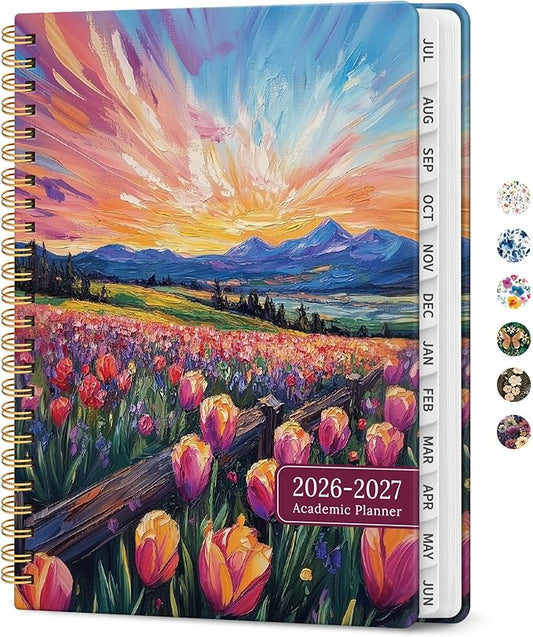 Planner 2026-2027, Academic Year Monthly and Weekly Calendar Planner, Jul 2026 - Jun 2027, Hardcover Teacher Student Planning Agenda book with Tabs, Perfect for School Office Supplies, 6.3" x 8.5" - Radiant Pastures