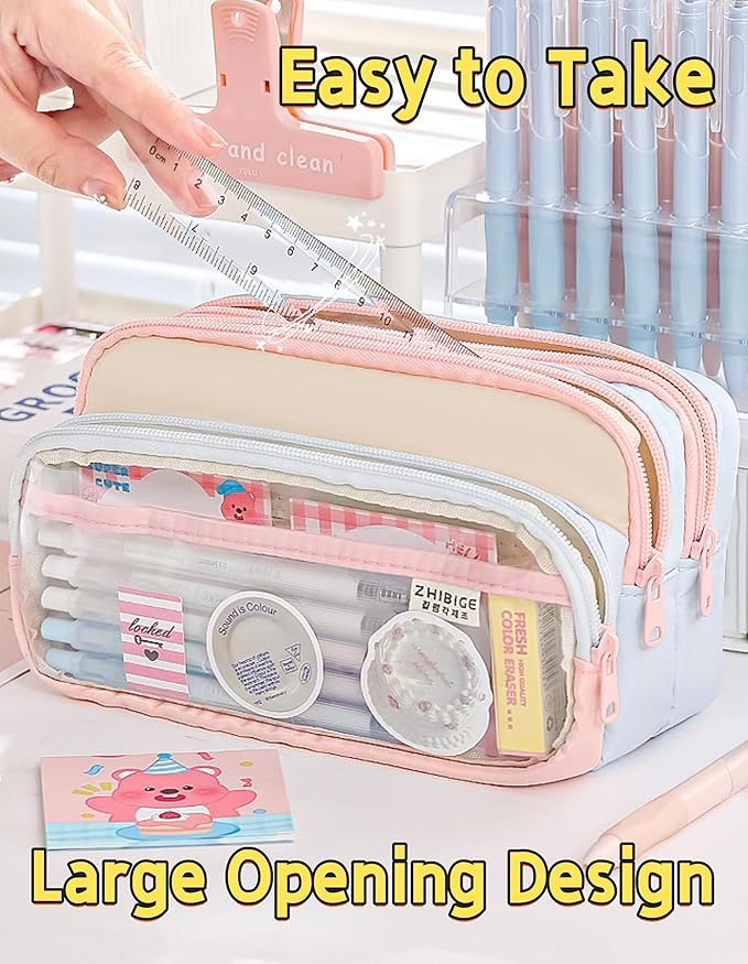 4-Layer Transparent Large Capacity Pencil Case - Ins Aesthetic Japanese Style Makeup & Supplies Organizer Pouch (Pink)