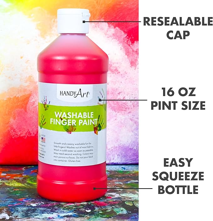 Handy Art Washable Finger Paint, Set of 6 Colors, 16 oz Bottle, Easy Clean Up, Sensory Paints for Fingers & Hand Prints, Ages 3 & Up, Safe for Kids & Toddlers, AP Certified Non-Toxic, Made in USA