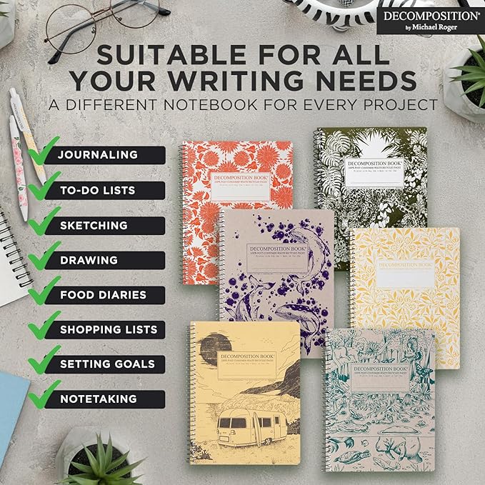 Decomposition 3-Pack Floral Harmony College Ruled Spiral Notebook - 9.75 x 7.5 Journal with 160 Lined Pages - 100% Recycled Paper - Cute Notebooks for School Supplies, Home & Office - Made in USA