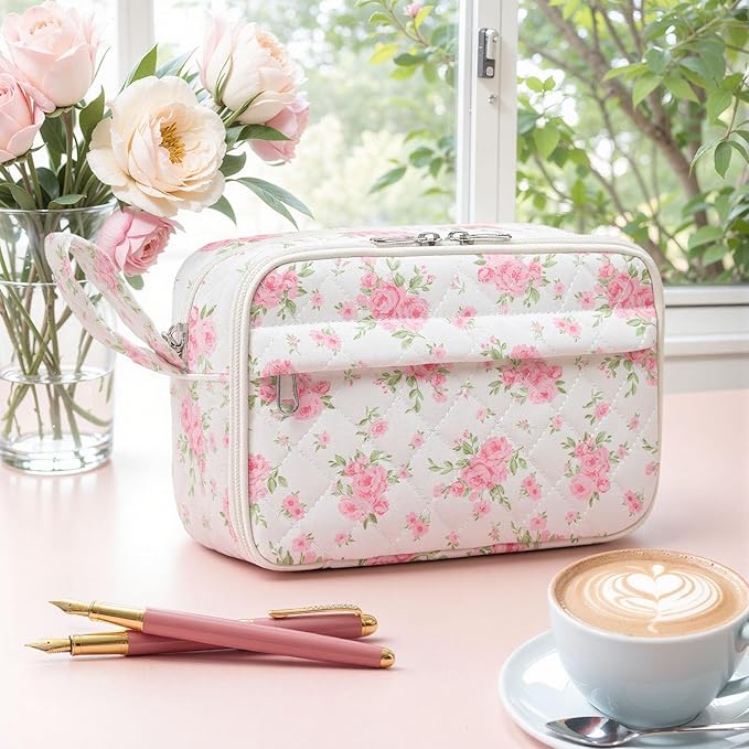 WOBAGMEN Quilted Pencil Pouch for Girls Women, Large Pencil Case Pouch with Compartments Cute Aesthetic Pencil Case Organizer, Floral Pencil Bag for School Supplies (big pink floral)