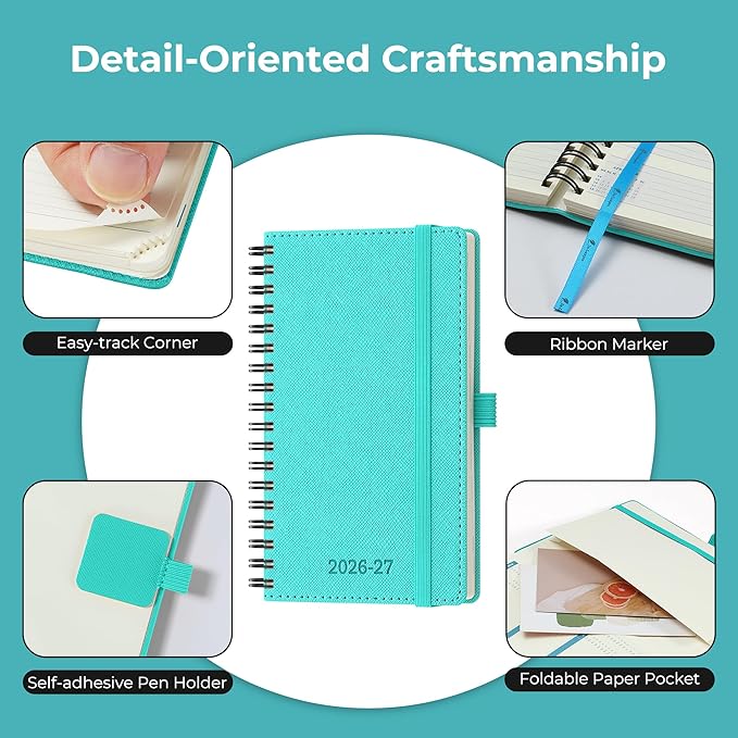 Planner 2026-2027 Daily Weekly and Monthly,6.5"x3.75",18 Months Spiral Bound Calendar Agenda with Self-adhesive Pen Holder,2026 Academic Plan with Vegan Leather Soft Cover,Light Blue