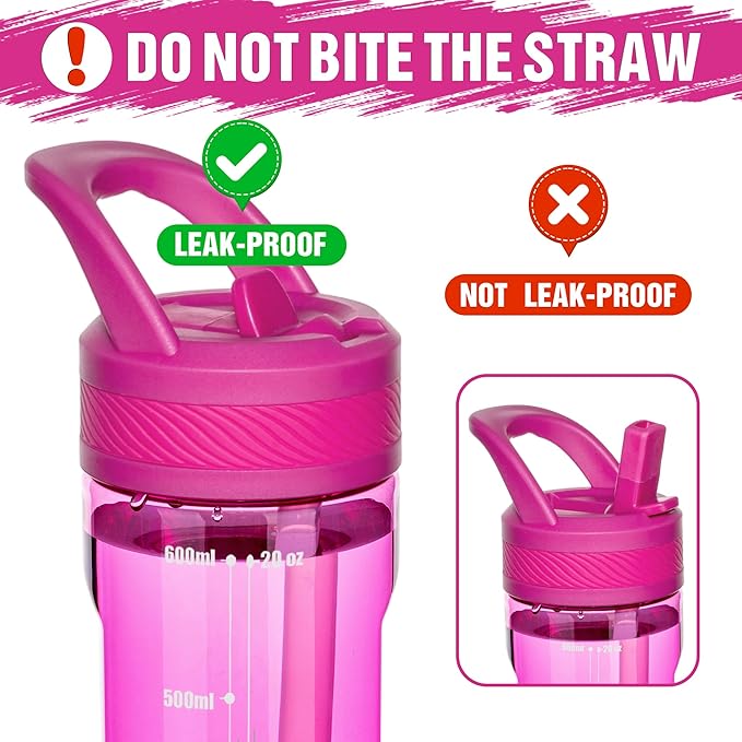 OLDLEY 20oz Kids Water Bottle with Straw, BPA-Free Tritan Water Bottle for School, Leakproof Clear Water Bottle with One Click Open, Measurement Scale, Cup Holder Friendly for Boys Girls,Fuchsia