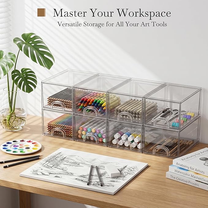 8 Pack Small Clear Stackable Acrylic Storage Boxes for Art Tool & Sketch, Storage Drawers, Storage Organizer, Clear Plastic Makeup Organizer, Ideal for Vanity, Cabinet, Desk Organization