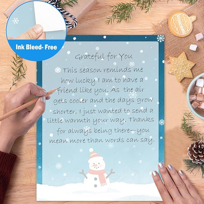250Pcs Stationery Paper and Envelope Set with 100 Letterhead Papers and 50 Envelopes,10 Design for Letter Writing Invitations Computer Holidays Party Notes, 8.5x11 Inch-Snowman