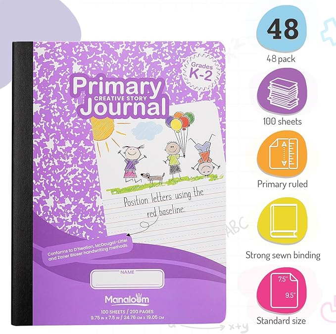 Primary Composition Notebook K-2, Primary Journal Grades K 2, Preschool, 1st Grade, Kindergarten Notebooks, Primary Ruled - 9.75 x 7.50 - Sturdy Covers - 100 Sheets - Assorted Colors (Bulk - 48 Pack)