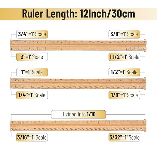 Mr. Pen- Architectural Scale Ruler, 12 Inch, 2 Pack, Wooden Architecture Ruler, Scale Ruler for Blueprints, Architect Ruler, Imperial Scale Drafting Ruler, Architect Ruler for Scale Drawing