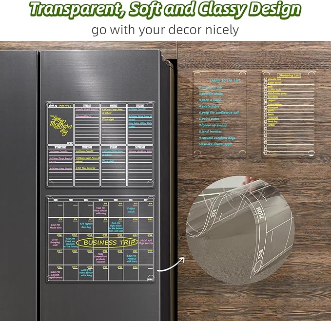 JJPRO Non Magnetic Dry Erase Calendar for Fridge-Reusable Monthly&Weekly Planning Board, List and Blank Board for All Smooth Surfaces. Clear Reusable Board Sticks to Fridge,Wall,Door&Glass