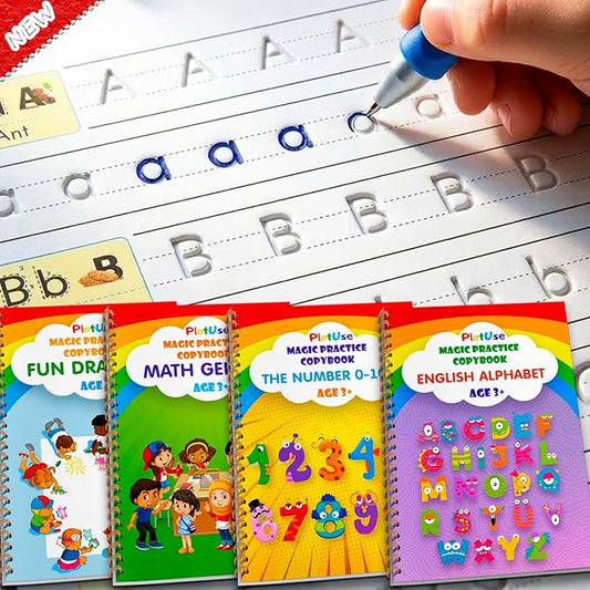 Magic Practice Copybook for Kids Ages 3-8, 4 Pack Grooved Reusable Handwriting Workbooks, Tactile Letter and Number Tracing Set with 2 Disappearing ... Preschool Graduation or Toddler Learning Gift