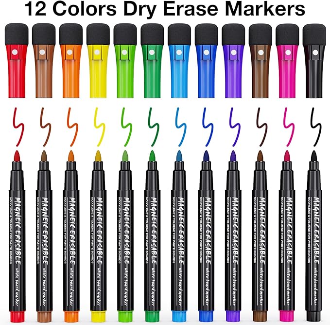 Magnetic Dry Erase Markers Fine Point Tip, 12 Count Colorful White Board Markers Dry Erase Marker with Eraser Cap, Low Odor Thin Marking for Teachers, Calendar Boards, Office, School Supplies