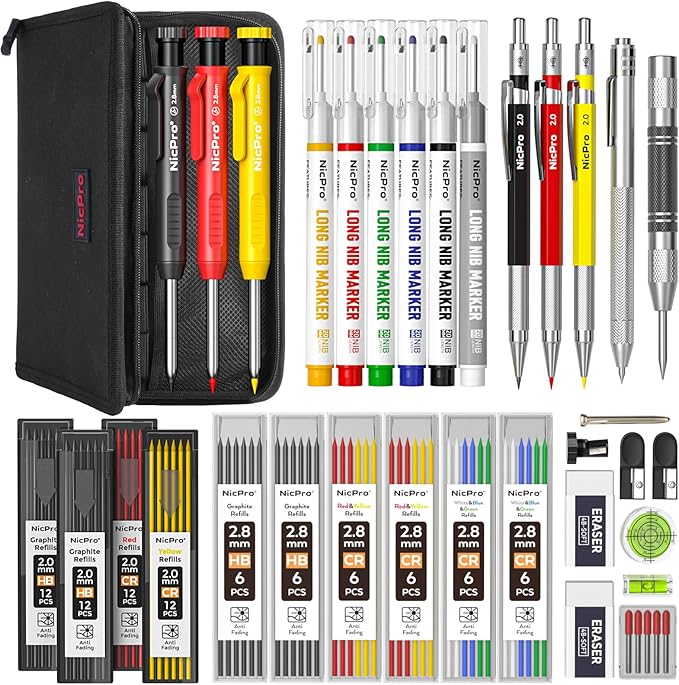 Nicpro 39 Pack Carpenter Pencils with Sharpener, Mechanical Carpenter Pencil Set with 102 Refills, Long Nib Marker Pens, Carbide Scribe Tool & Construction Pencils for Architect Woodworking with Case