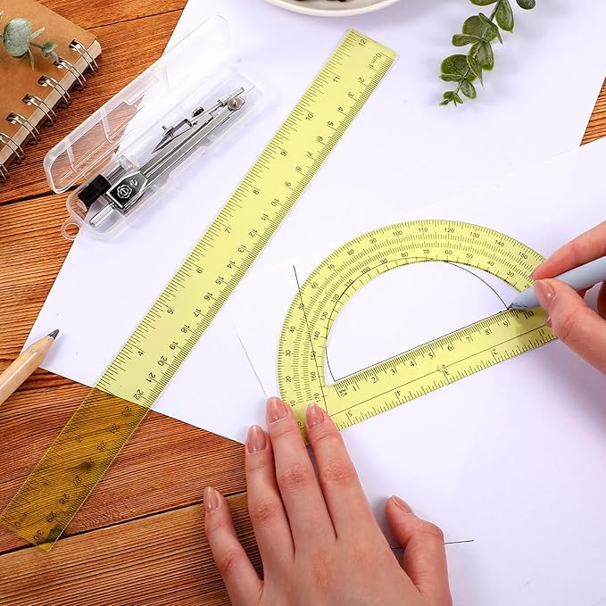 Zonon 3 Pcs Plastic Ruler 6 Inch Protractor Drawing Compass Set, Student Geometry Math Transparent Measuring Tools for Home School Classroom Office Supplies(12 Inch,Yellow)