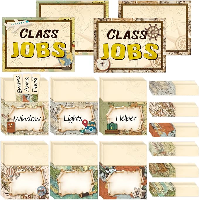 112 Pcs Travel Theme Bulletin Board Decor Adventure Class Jobs Chart for Classroom Bulk with 48 Pockets & 60 Cards Teacher's Helper Posters Writable Labels for Class Management & School Supplies