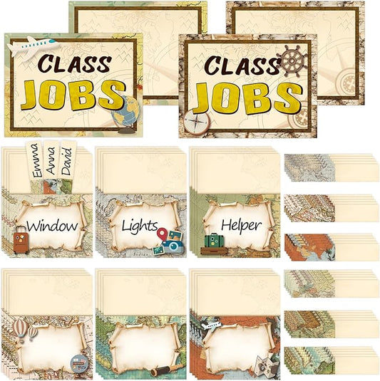 112 Pcs Travel Theme Bulletin Board Decor Adventure Class Jobs Chart for Classroom Bulk with 48 Pockets & 60 Cards Teacher's Helper Posters Writable Labels for Class Management & School Supplies