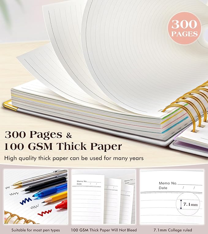 Spiral Notebook Journal with Removable Dividers Tabs, 300 Pages Hardcover Leather 5 Subject College Ruled Notebook, 8"x10" Large B5 Lined Journal for Women Men, Spiral Notebooks for Work School, Beige