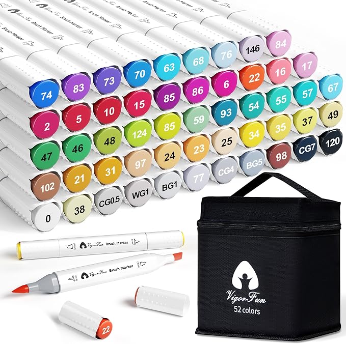 VigorFun Alcohol Markers Brush Tip, 52 Colors Dual Tip Brush & Chisel