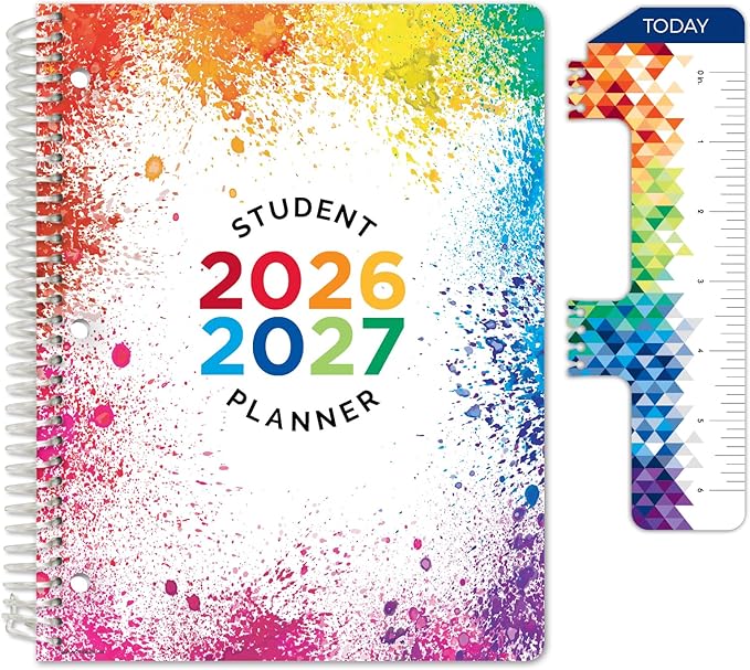 Global Datebooks 2026-2027 Elementary Student Planner 8.5" x 11" - Dated Weekly & Monthly Academic Planner with Ruler/Bookmark & Stickers, Ideal for Homework, Block Style, Paint Splatter