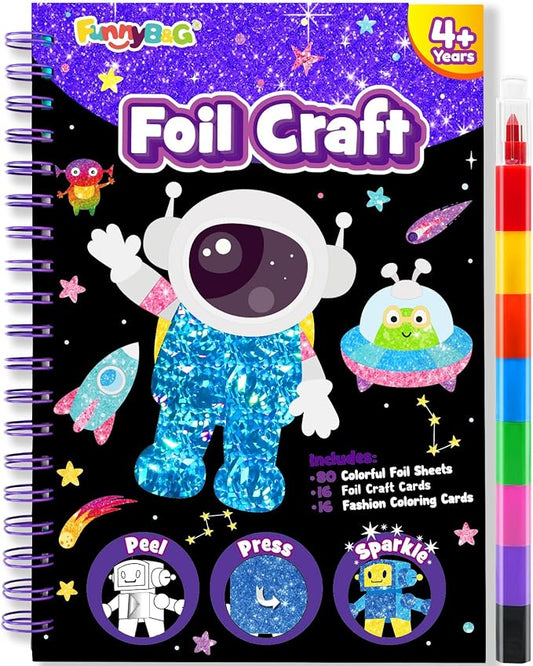 FUNNYB&G Foil Art Craft Kit for Boys 4-10 Years Old: Mess-Free & No-Glue, Create 16 Sparkly Space Pictures – Perfect Travel Toy & Birthday Gift for Kids (Space)