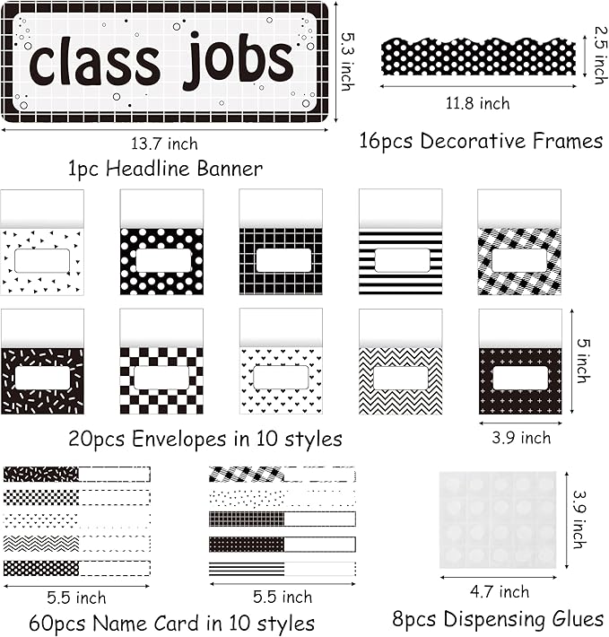 WATINC 97pcs Class Jobs Bulletin Board Set, Classroom Jobs Chart with Name Tags, Back to School Schedule Boards Pocket Behavior Chart for Classroom Chalkboard Walls Decoration (Black White Stripe)
