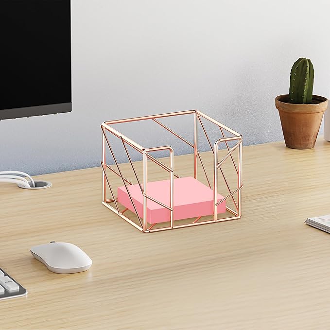 Rose Gold Geometric Sticky Note & Memo Cube Holder, Post Note Dispenser & Desk Organizer Metal Wire for Home, School, Office Supplies (Holder Only)