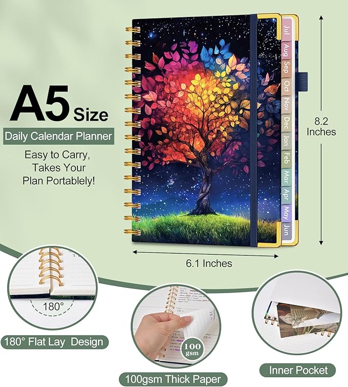 Academic Planner 2026-2027, Hardcover Weekly and Monthly Calendar Planner from July 2026 - June 2027, Daily Agenda Planners with Tabs, College School Organizer for Student Teacher, A5 (6.1" x 8.2"), Colorful Tree