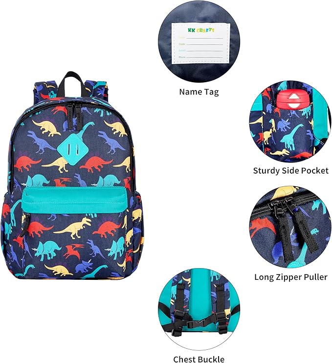 KK CRAFTS Preschool Backpack Kindergarten Little Kids Toddler Elementary School Backpacks for Boys and Girls with Chest Strap(15Inch, Dark Blue Dinosaur)