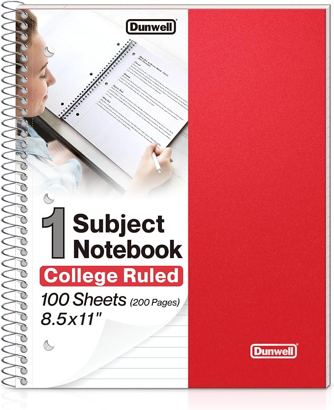 Dunwell 1-Subject College Ruled Spiral Notebook 8.5x11, 100 Sheets, Red
