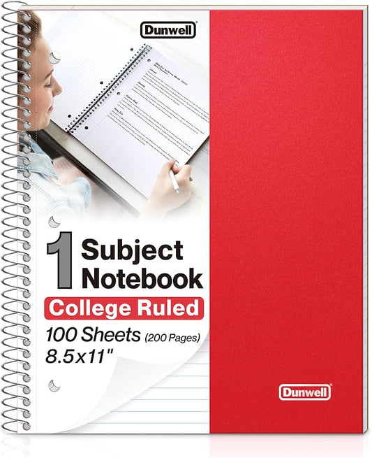 Dunwell 1-Subject College Ruled Spiral Notebook 8.5x11, 100 Sheets, Red