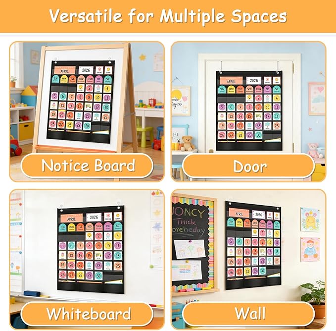 Classroom Calendar Pocket Chart with 96 Laminated Cards, 46 Clear Pockets & 3 Storage Pockets, Ideal for Preschool Homeschool Learning