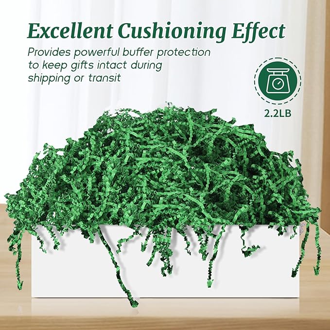 CANIYA 2.2 LB Green Crinkle Cut Paper Shred Filler, Shredded Paper Filling for Gift Basket, Filler Paper for Birthday, Wedding, Anniversaries